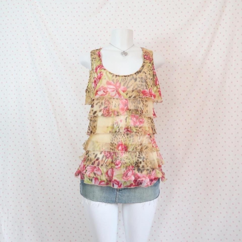 Eclipse Leopard Floral Ruffle Tank Top Y2K McBling - Picture 3 of 4